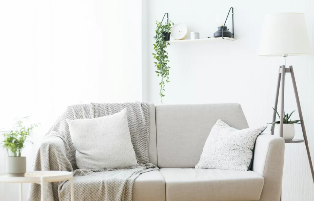 Modern light couch at living room interior, empty space
